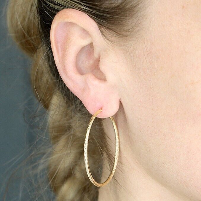 Large Hoop Earrings 40mm Diamond Cut Twist Yellow Gold on 925 Sterling Silver