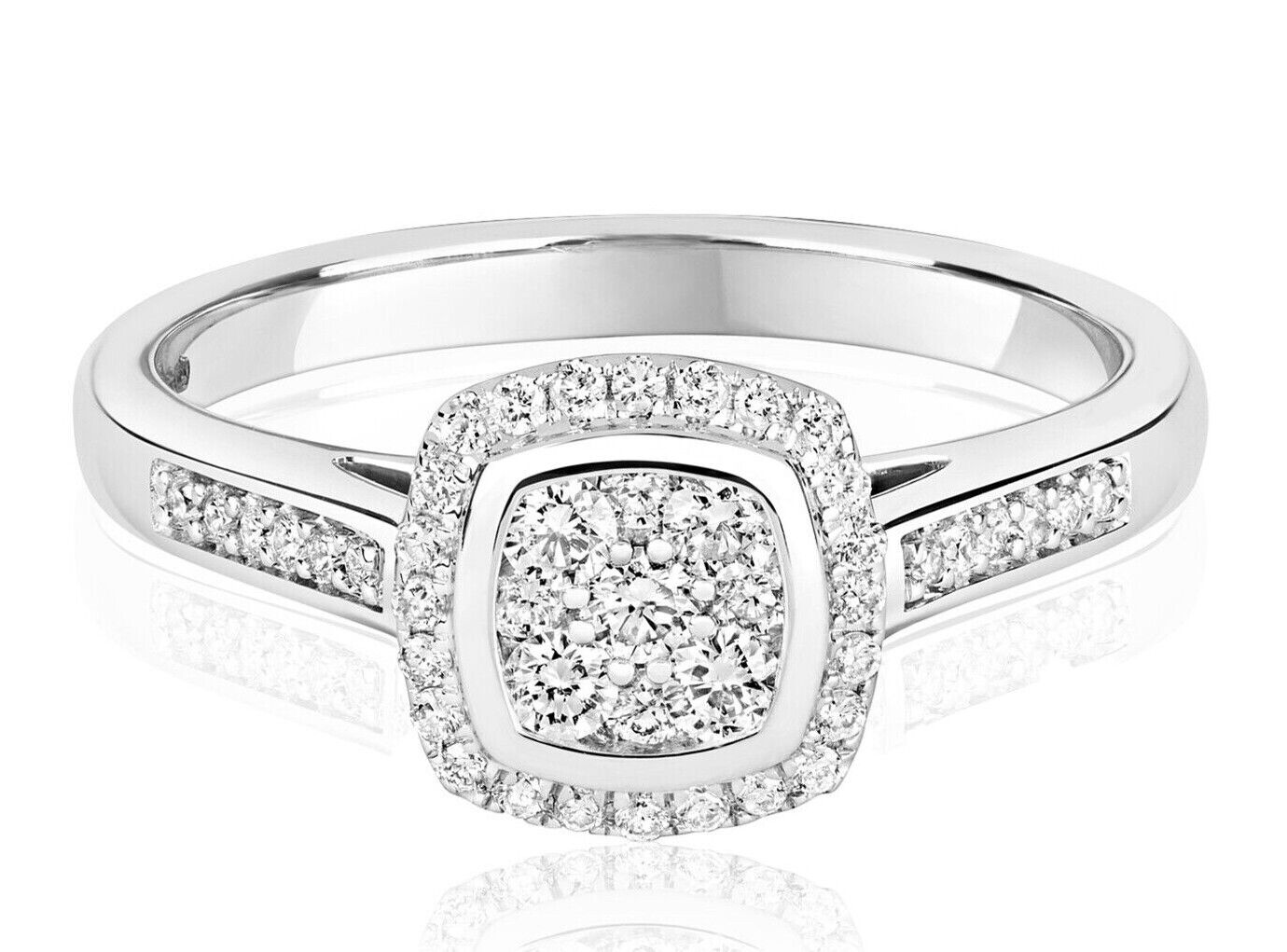 Real Diamond Square Cushion Ring 9ct White Gold Cluster Halo Engagement