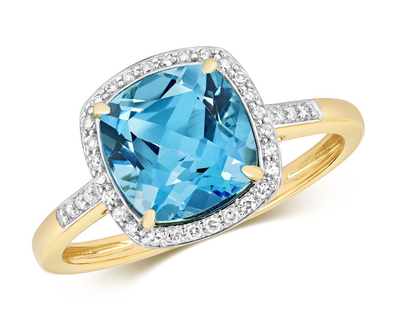 Real Blue Topaz and Diamond Ring Solid Yellow Gold 8mm Cushion Gem Size JKLMNOPQ