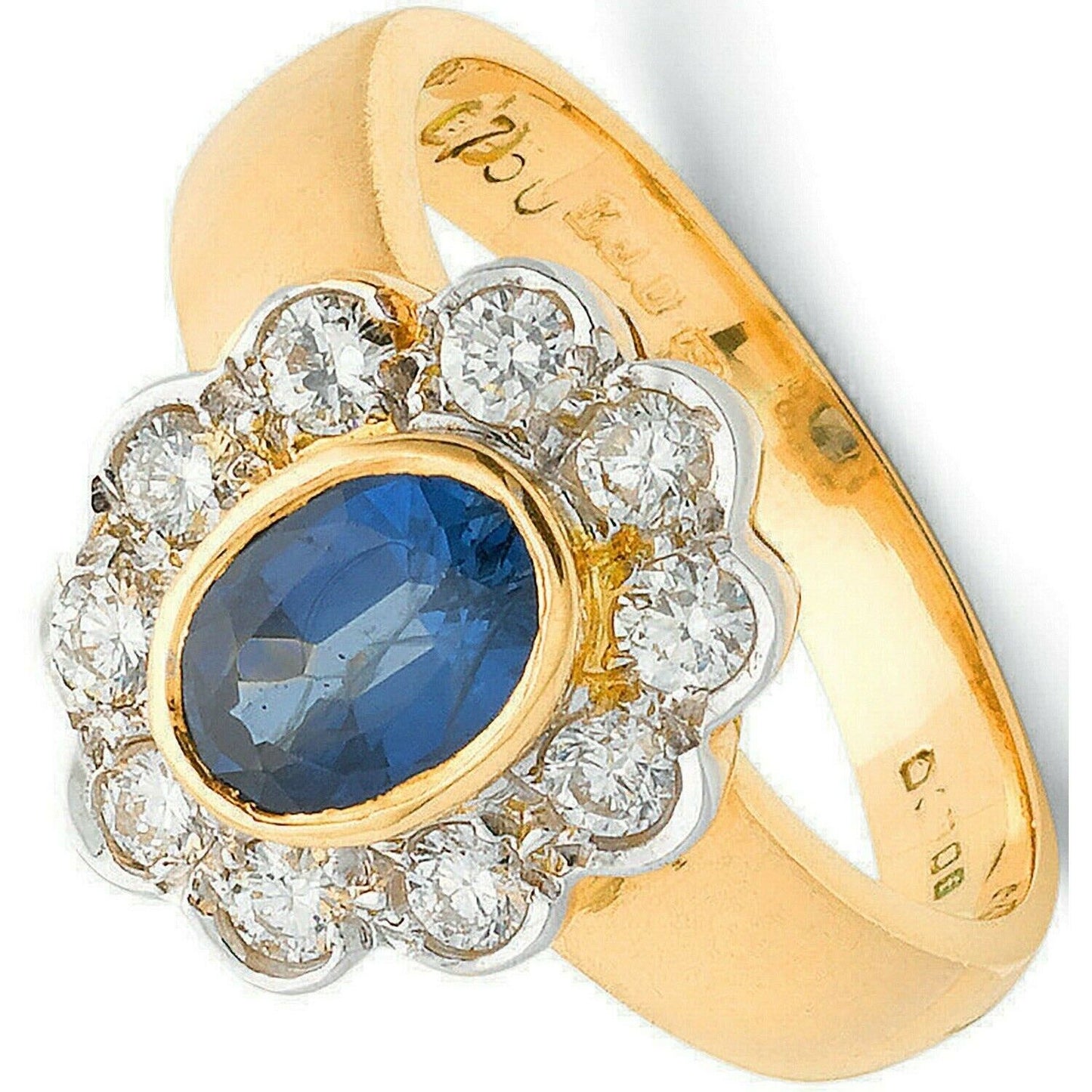 Real Sapphire and Diamond Cluster Ring 18ct Yellow Gold Oval Statement Cocktail