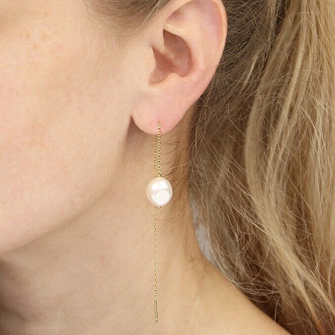 Freshwater Pearl Drop Pull-through Earrings Yellow Gold on Solid Sterling Silver