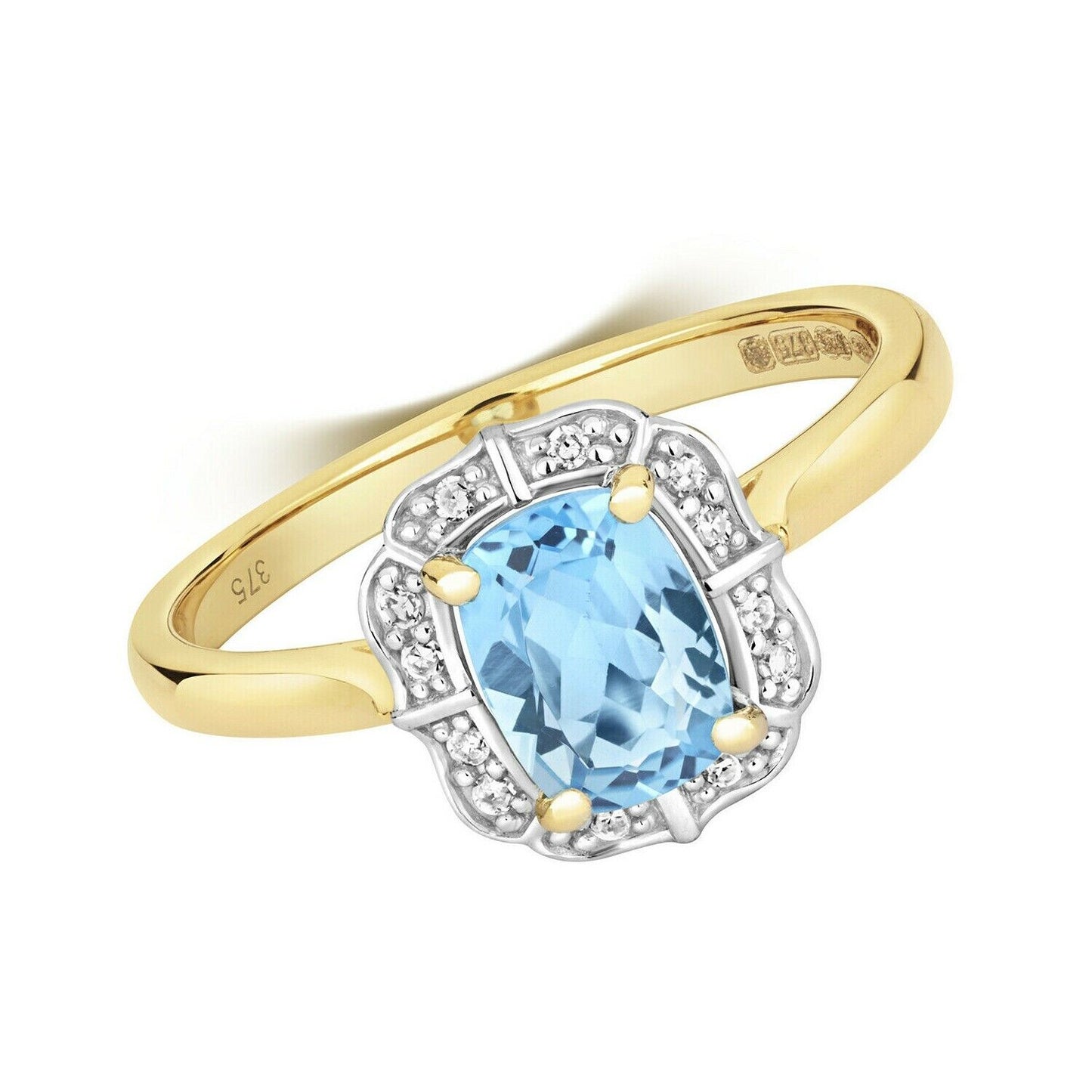 9ct Yellow Gold Blue Topaz and Diamond Ring Cushion Engagement Size JKLMNOPQ