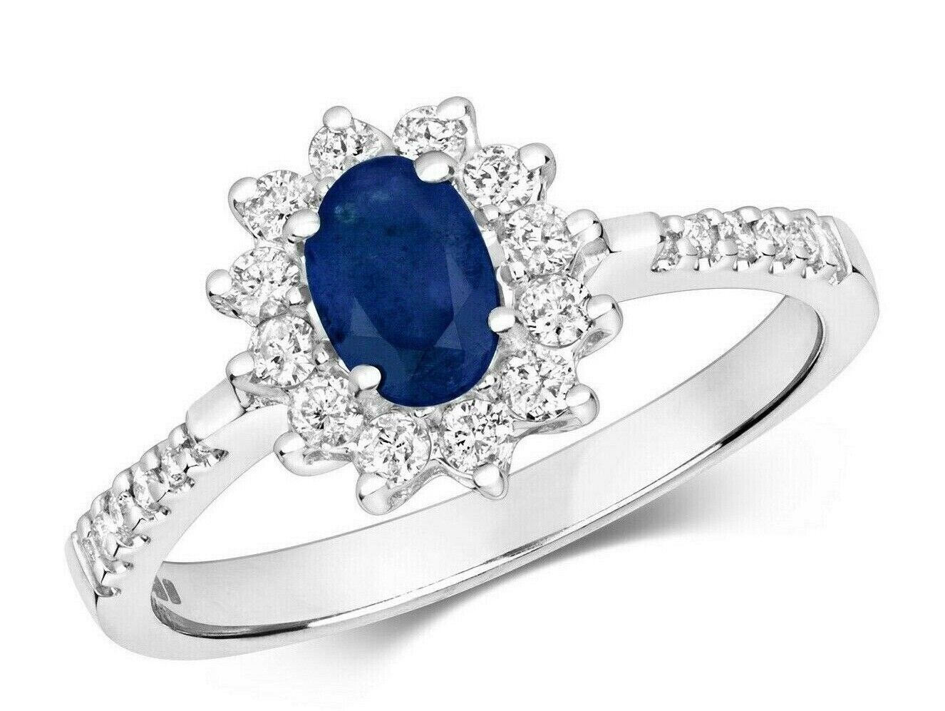 9ct White Gold Sapphire and Diamond Ring Oval Cluster Engagement Size J - T