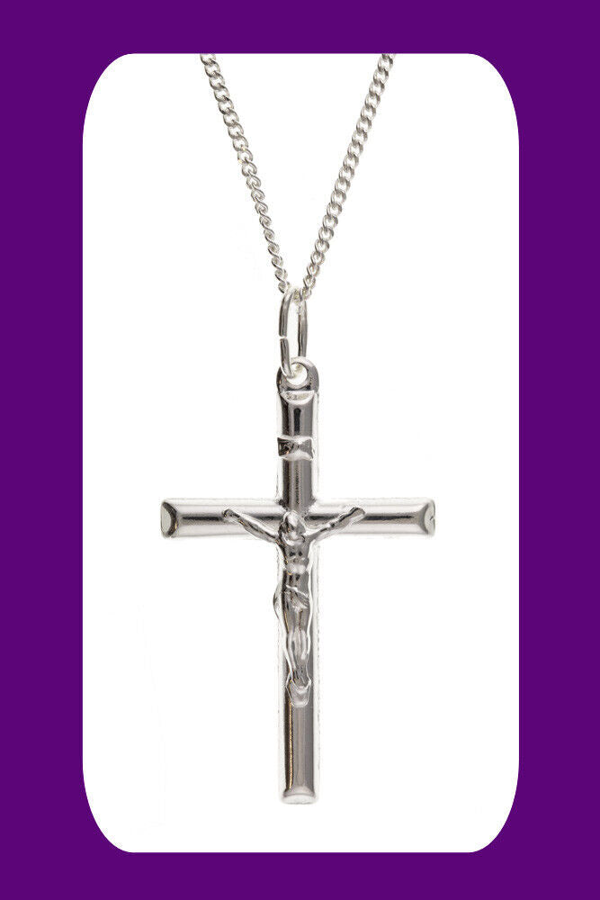 Plain Silver Crucifix Pendant Sterling Silver 925 Hallmark 18" Substantial Chain