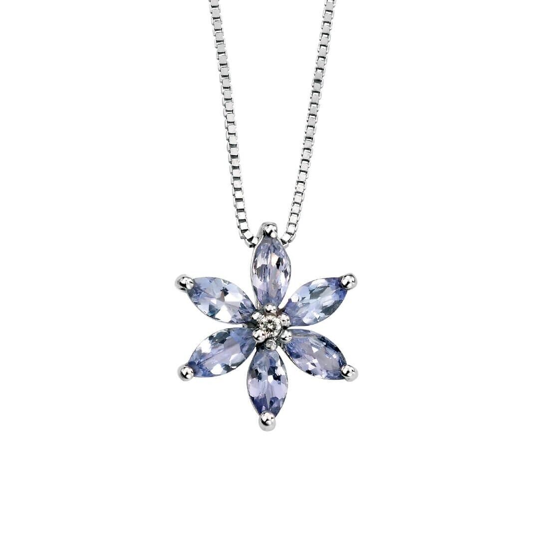 Tanzanite and Diamond Flower Set White Gold Pendant Earrings 16 18 or 20" Chain