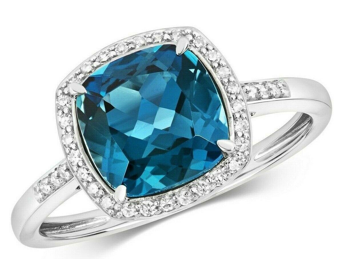 Real London Blue Topaz and Diamond Ring Solid White Gold 8mm Cushion Cluster