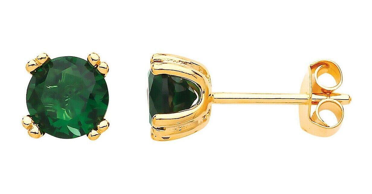 Emerald Stud Earrings Solid Sterling Silver Yellow Gold Plate 925 Hallmark