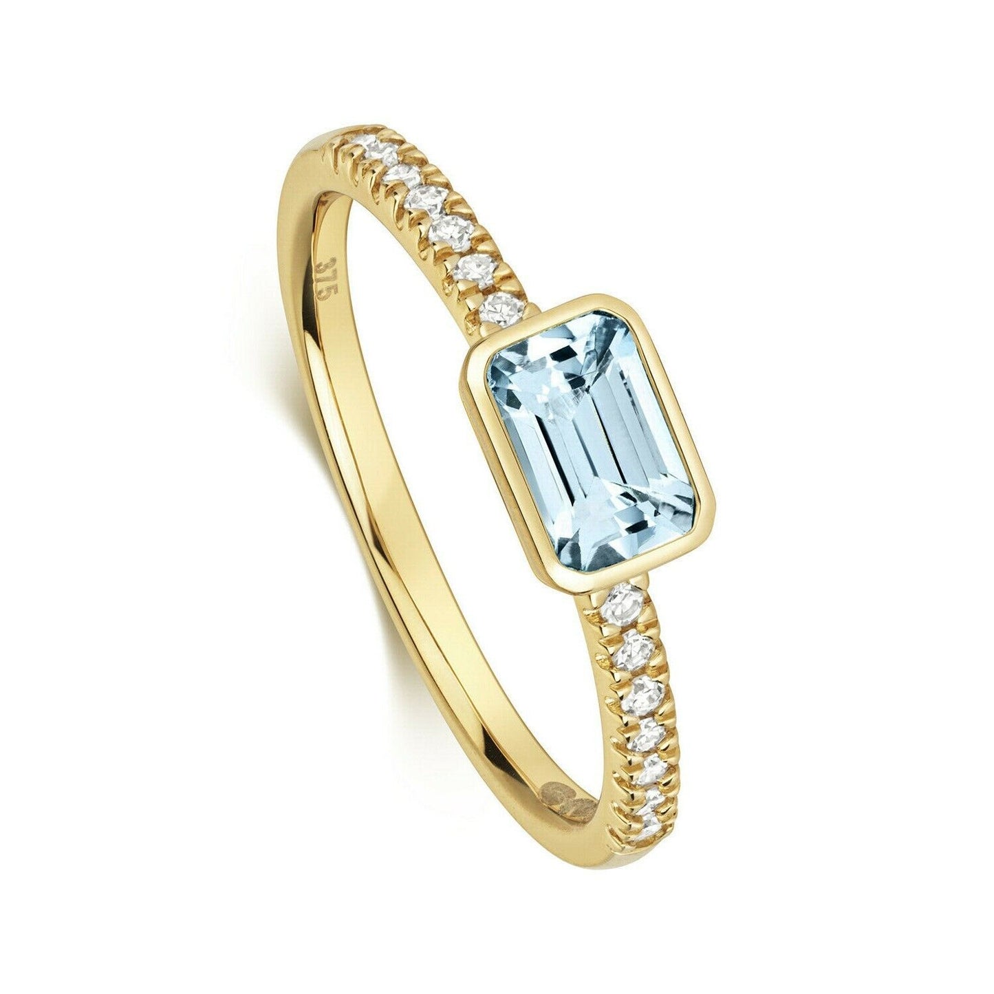 Real Aquamarine and Diamond Ring Solid Yellow Gold Emerald Cut Size J - Q