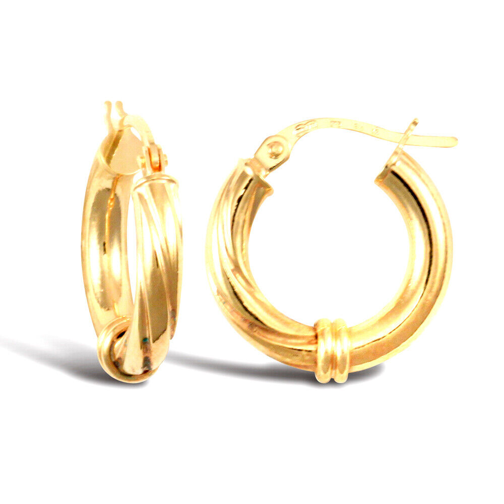 9ct Yellow Gold Half Twist Hoop Style Earrings British Made Hallmarked 16mm