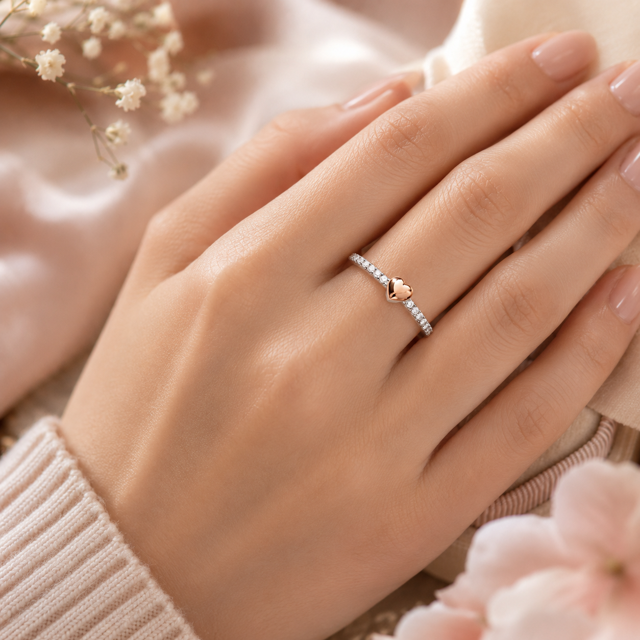 18ct Rose Gold Heart Ring on Solid Sterling Silver Stackable 925 Hallmark