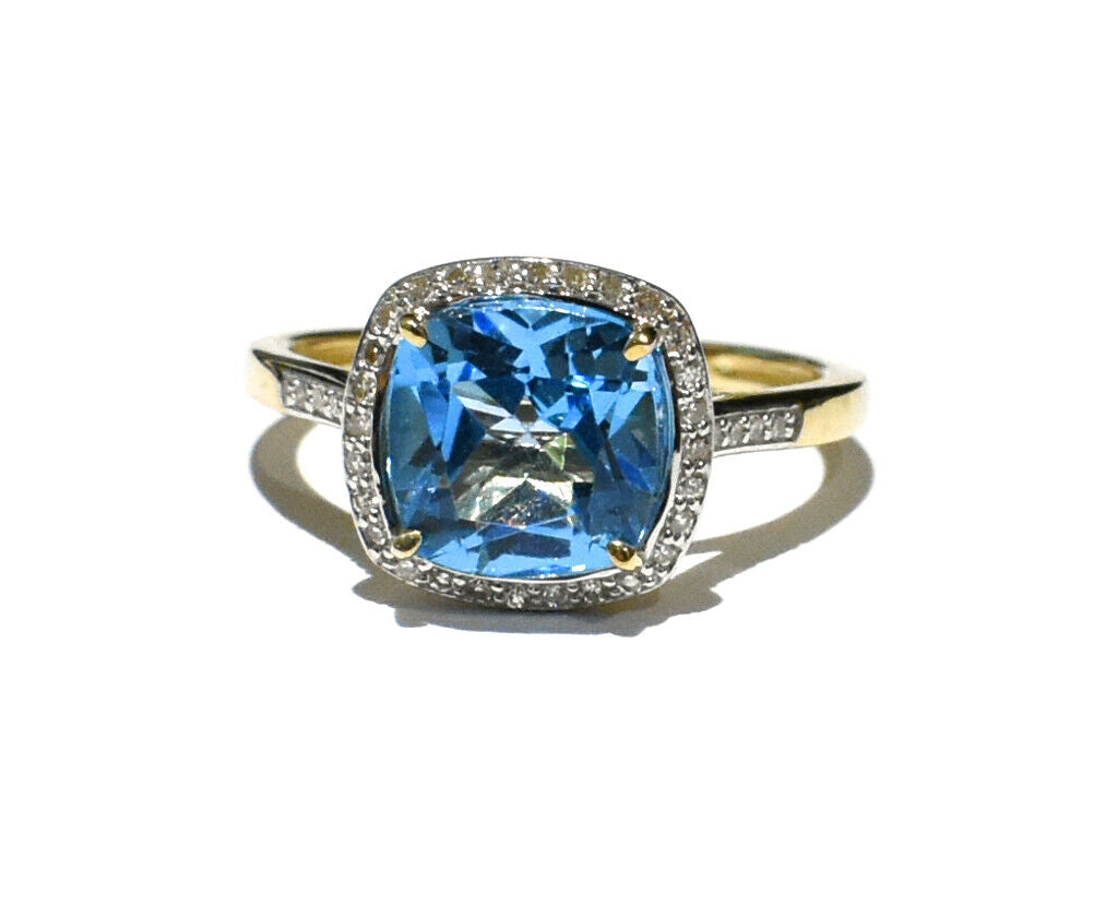 Real Blue Topaz and Diamond Ring Solid Yellow Gold 8mm Cushion Gem Size JKLMNOPQ