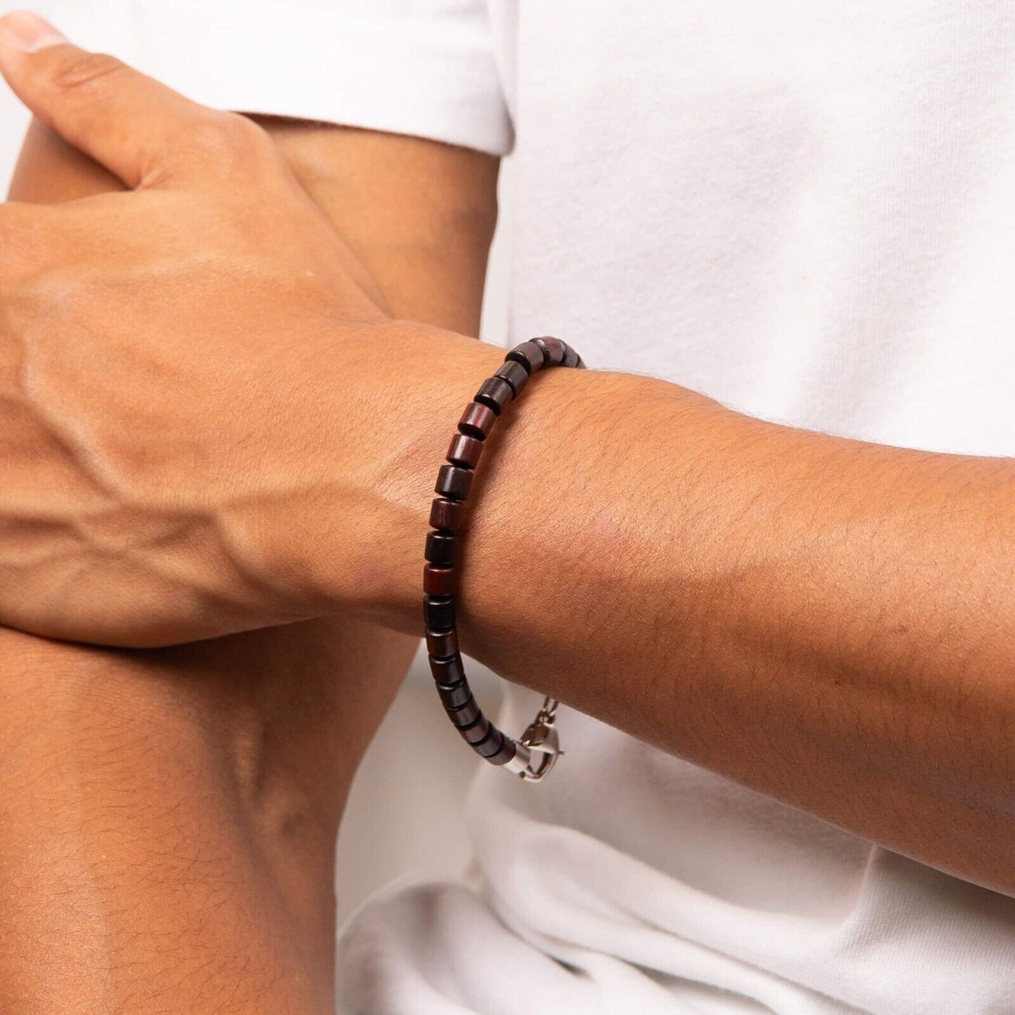 Fred Bennett Stainless Steel Bracelet with Natural Wood Beads 22cm B5460