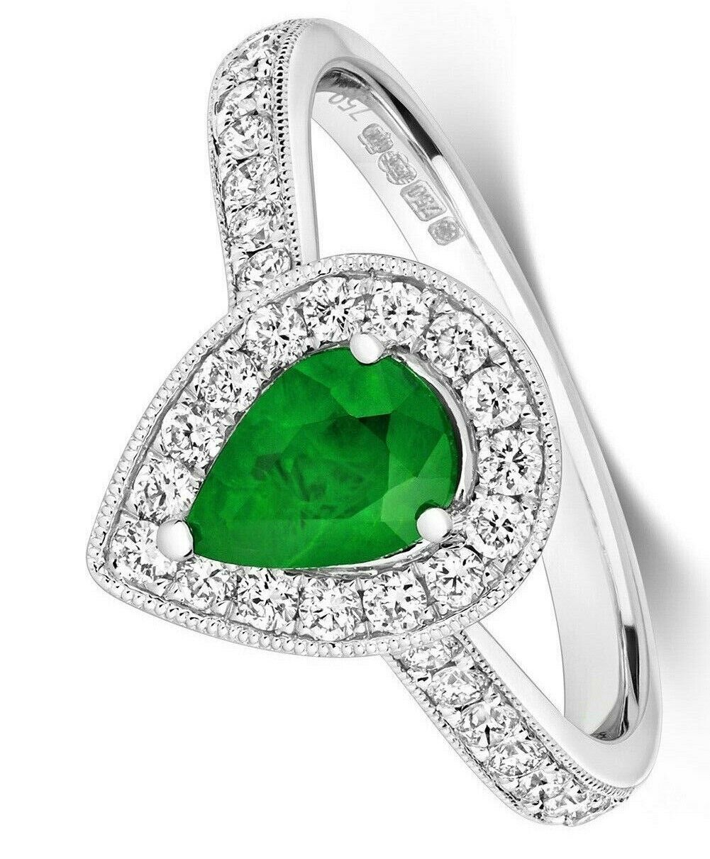 Real Emerald and Diamond Ring 18ct White Gold Pear Teardrop Cluster