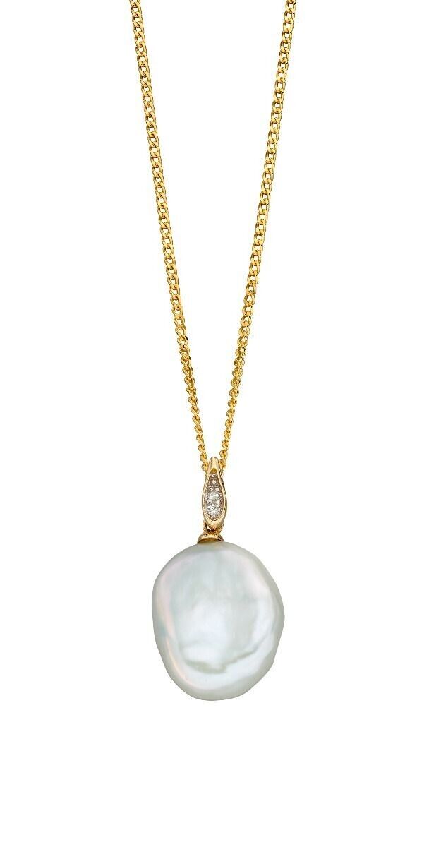 Keshi Pearl and Diamond Pendant and Earrings Set Yellow Gold 16 18 or 20" Chain