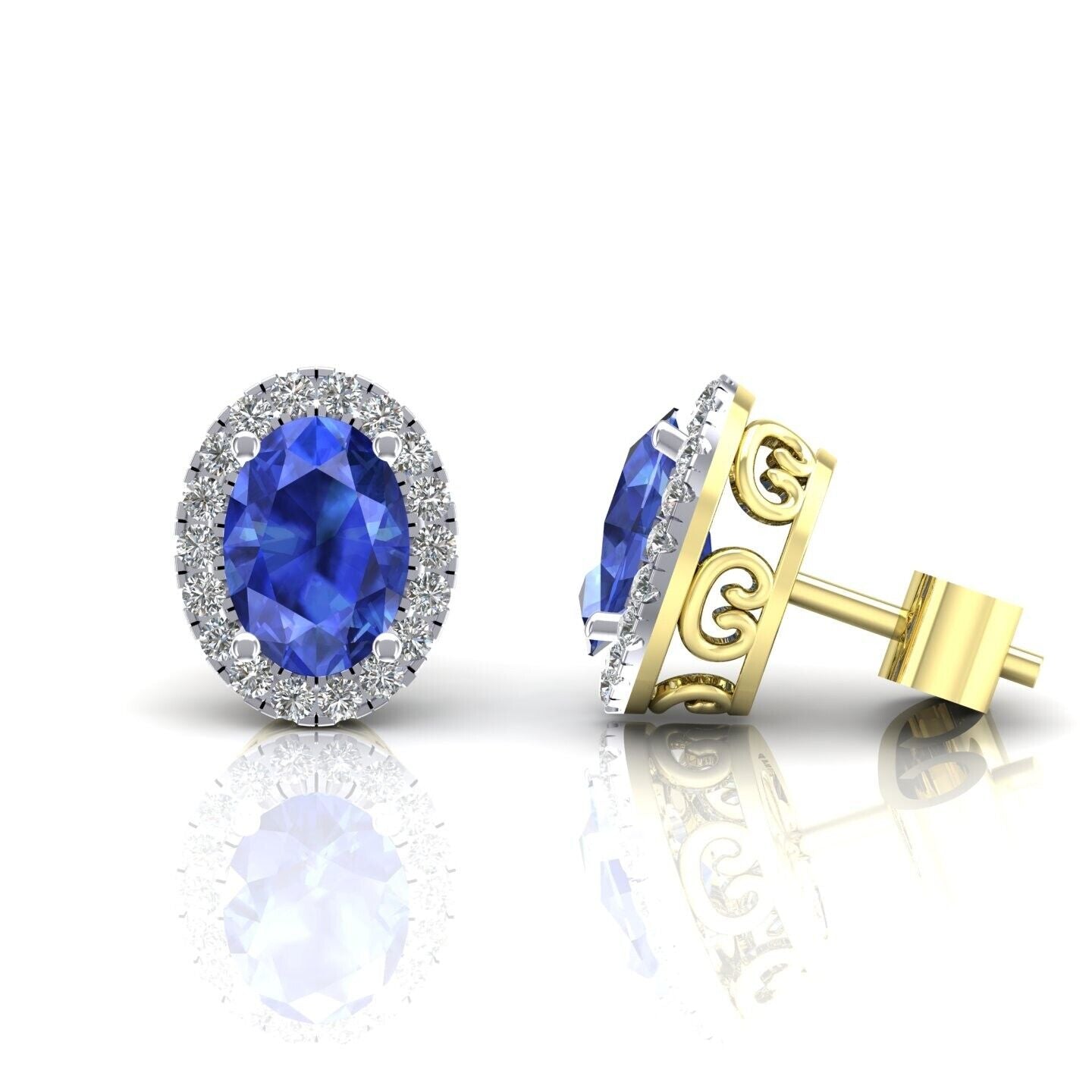 9ct Yellow Gold Sapphire Cluster Stud Earrings Oval Studs Hallmarked