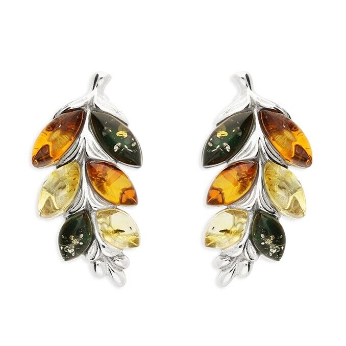 Mixed Amber Leaf Stud Earrings Solid Sterling Silver 925