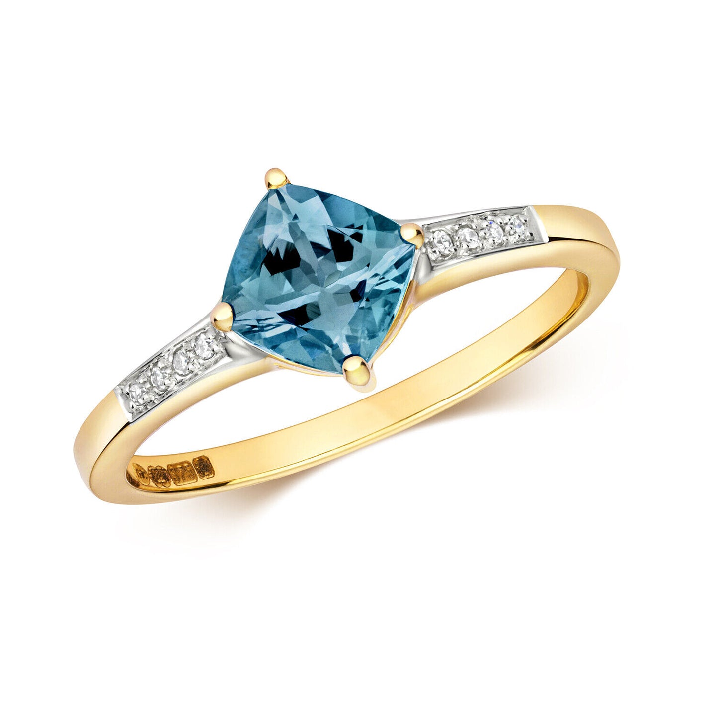 Real London Blue Topaz and Diamond Ring Solid Yellow Gold Cushion Size J-Q