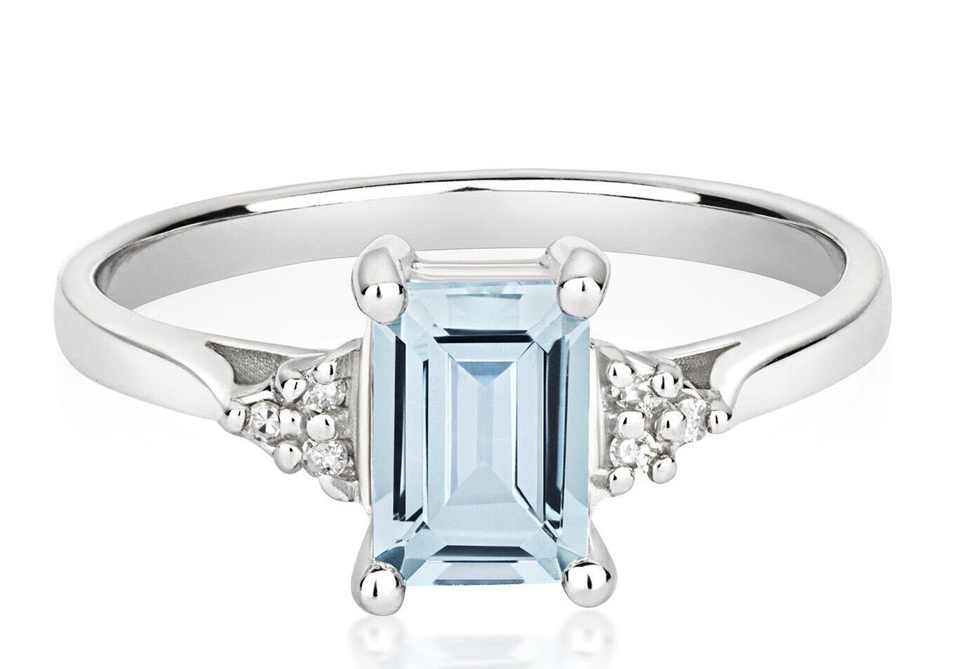 Real Aquamarine and Diamond Ring Solid White Gold Emerald Cut Solitaire Size J-Q
