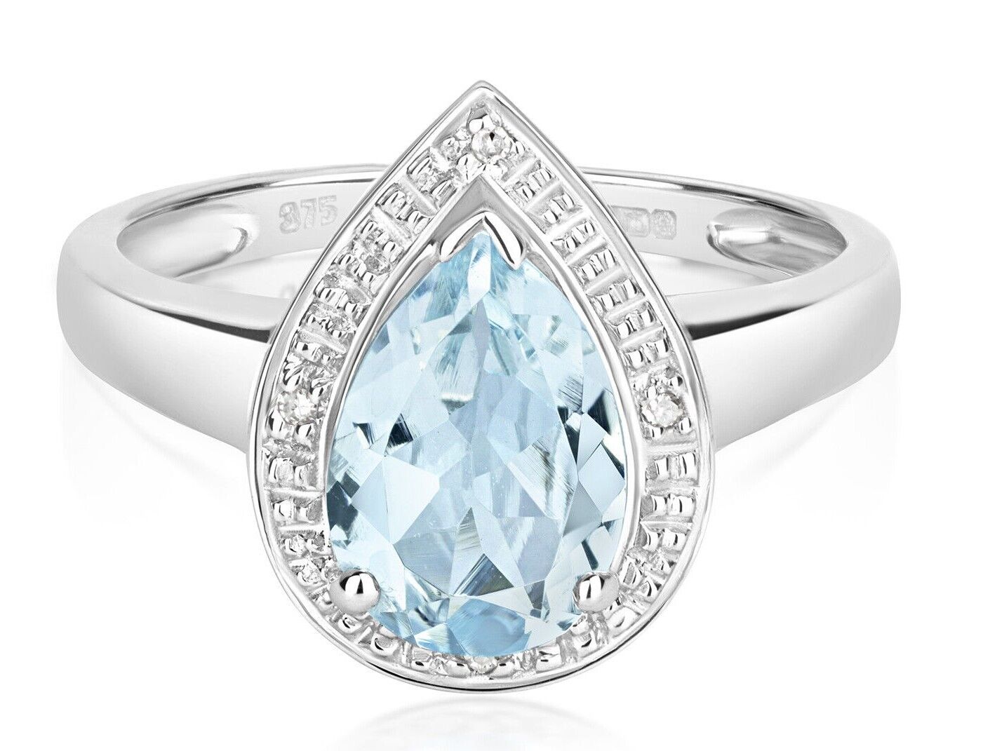 Real Aquamarine and Diamond Ring Solid White Gold Pear Teardrop Size JKLMNOPQ