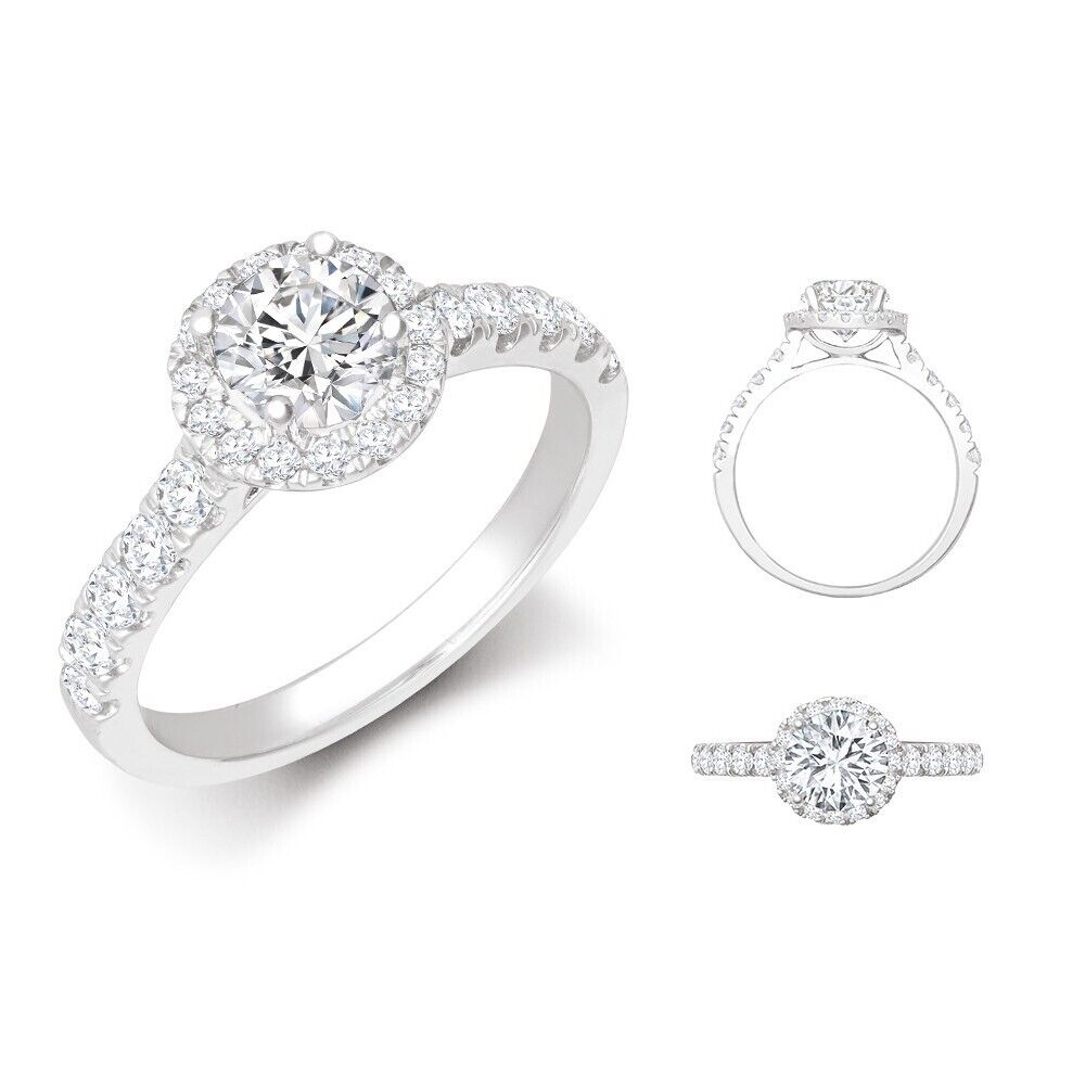 18ct White Gold Halo Ring 1.00ct Lab Created Diamond Centre Stone Hallmarked