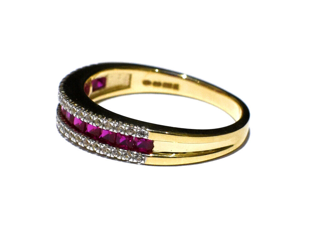 Yellow Gold Ruby Eternity Ring White Sapphire Band Hallmark British Size M-R