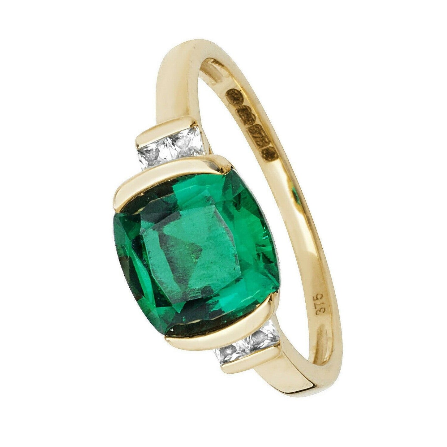 Yellow Gold Emerald Ring Cushion Solitaire White Sapphire Engagement Hallmarked