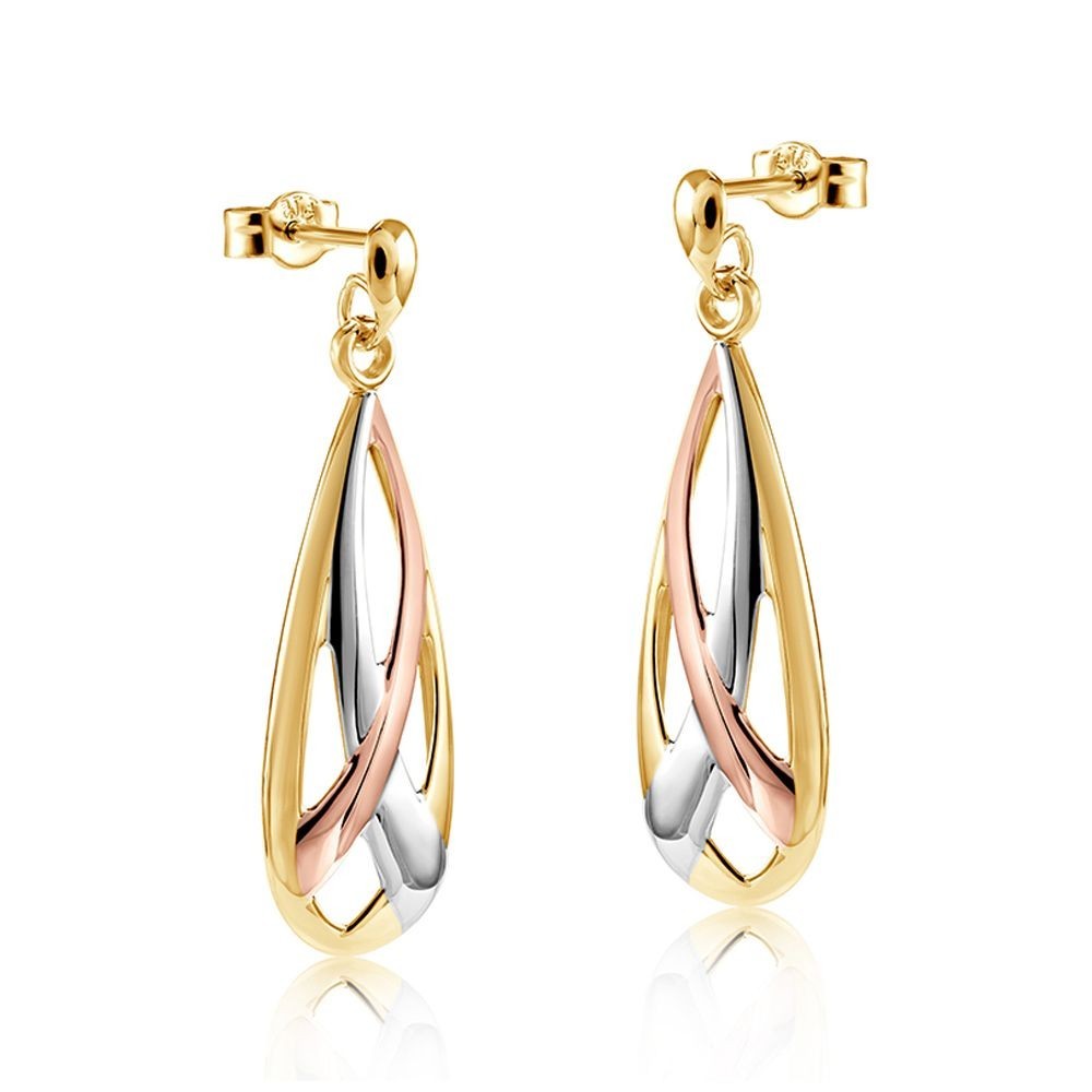 Three Colour Gold Teardrop Earrings 9ct Yellow White and Rose Drops Hallmarked