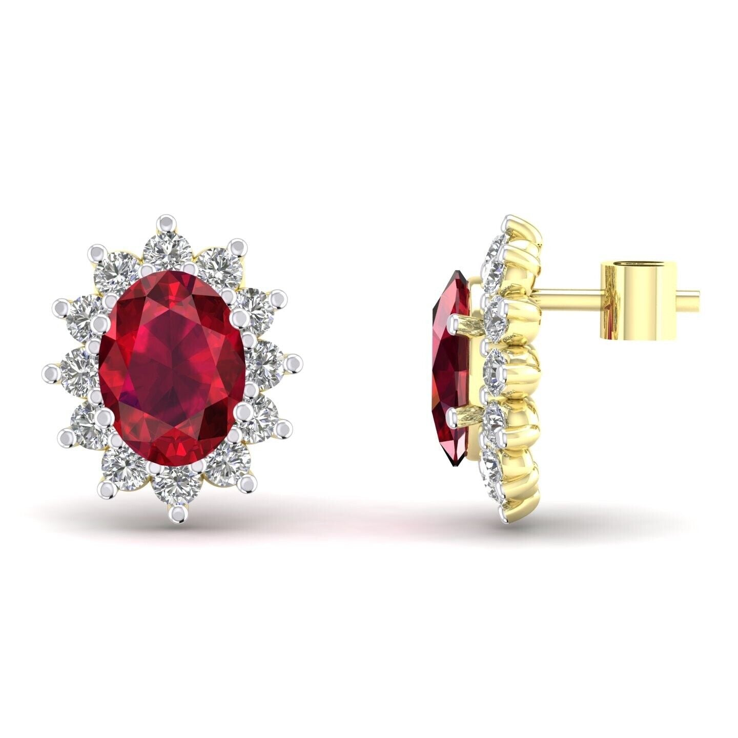 Ruby Oval Cluster Stud Earrings Solid 9ct Yellow Gold Claw Set Hallmarked
