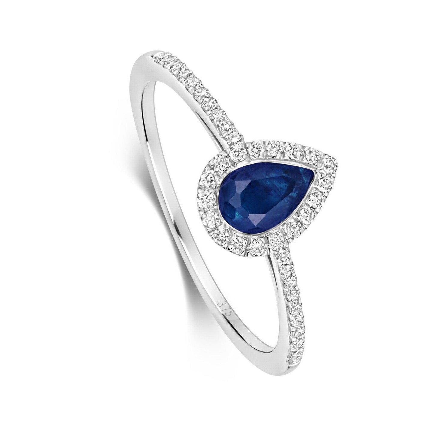 Real Sapphire and Diamond Pear Ring 9ct White Gold Teardrop Cluster Size J - Q