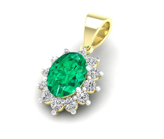 Emerald Oval Cluster Pendant Solid 9ct Yellow Gold 18" Chain Hallmarked