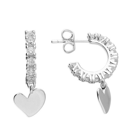 Heart Charm Simulated Diamond Hoop Earrings Solid .925 Sterling Silver Handmade