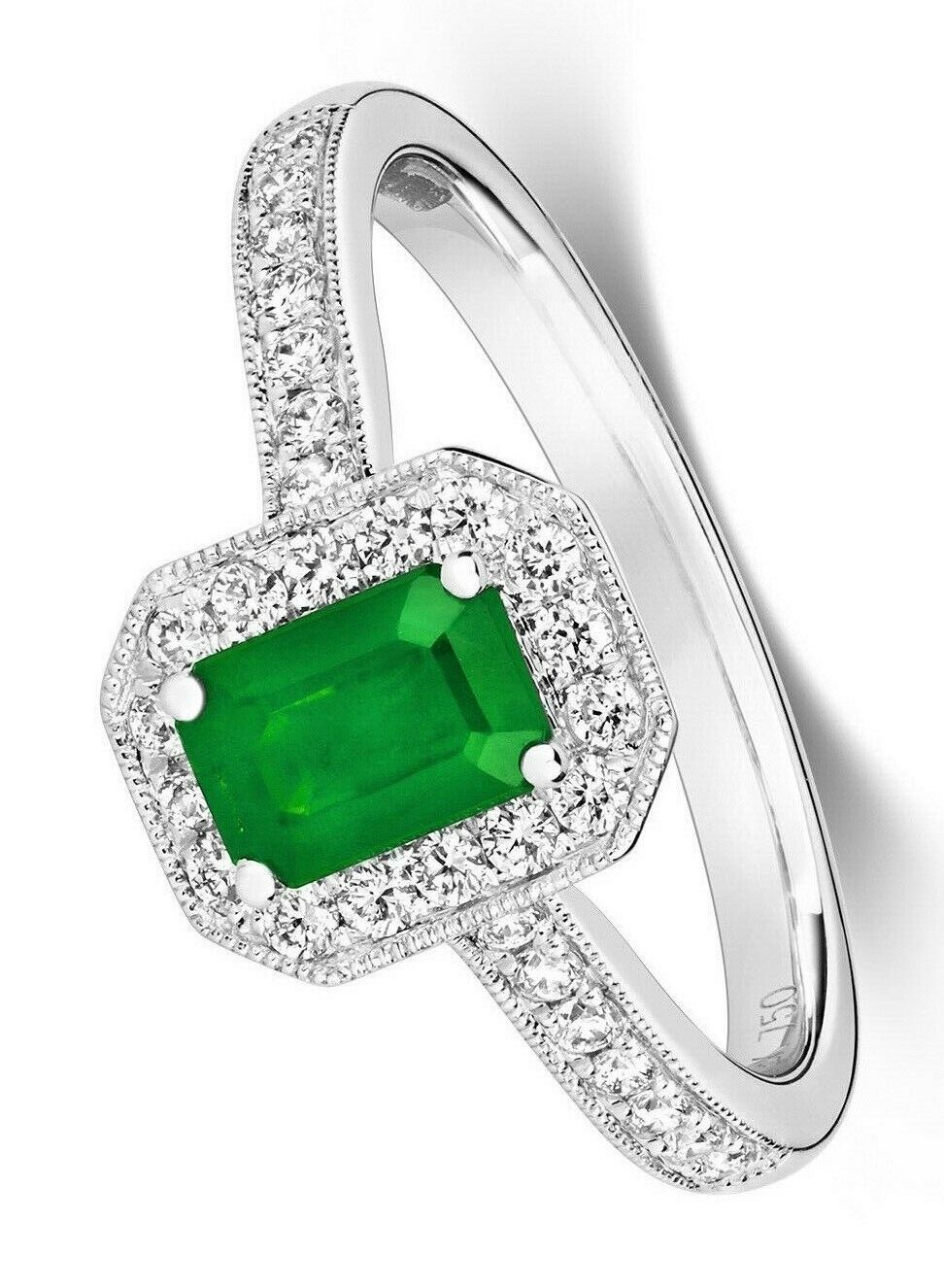 Real Emerald and Diamond Ring 18ct White Octagon Cluster