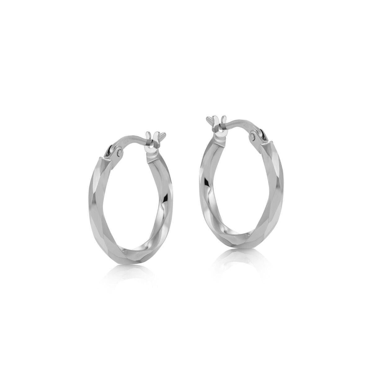 White Gold Faceted Hoop Earrings 16mm Creole Hoops Hallmarked
