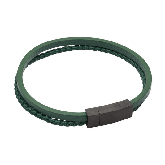 Fred Bennett Multi Row Green Recycled Leather Bracelet with Black IP Clasp B5430