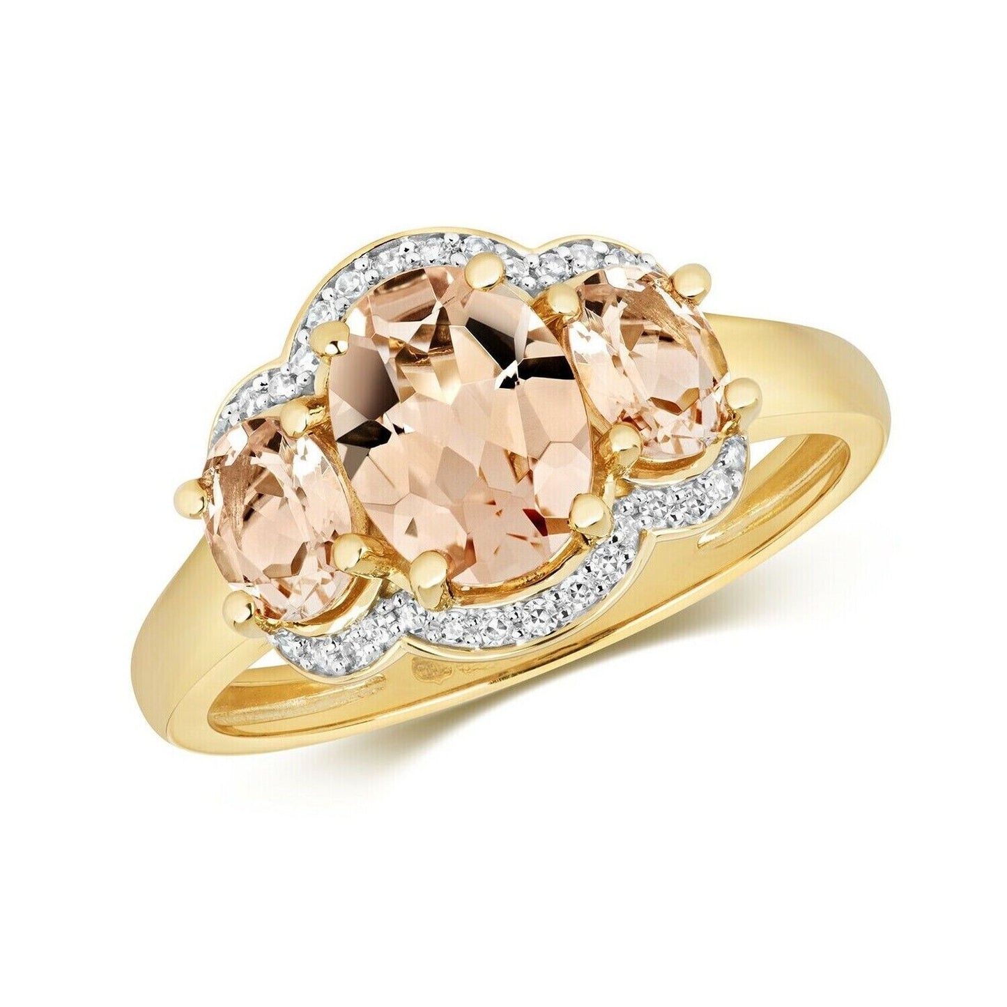 Real Morganite and Diamond Ring 9ct Yellow Gold Three Stone Trilogy Size J - Q