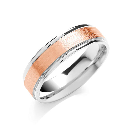 6mm Flat Court Wedding Band Matt Centre Polish Edge 9ct White and Rose Gold