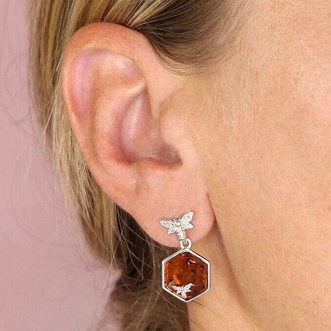 Cognac Baltic Amber Flying Bee Drop Earrings Solid Sterling Silver 925