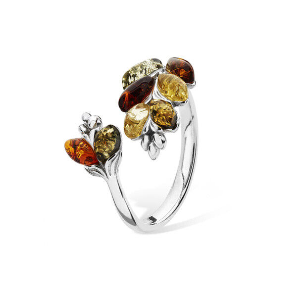 Sterling Silver Amber Ring Multi Colour Leaf Wrap 925 Hallmark Size J-R British