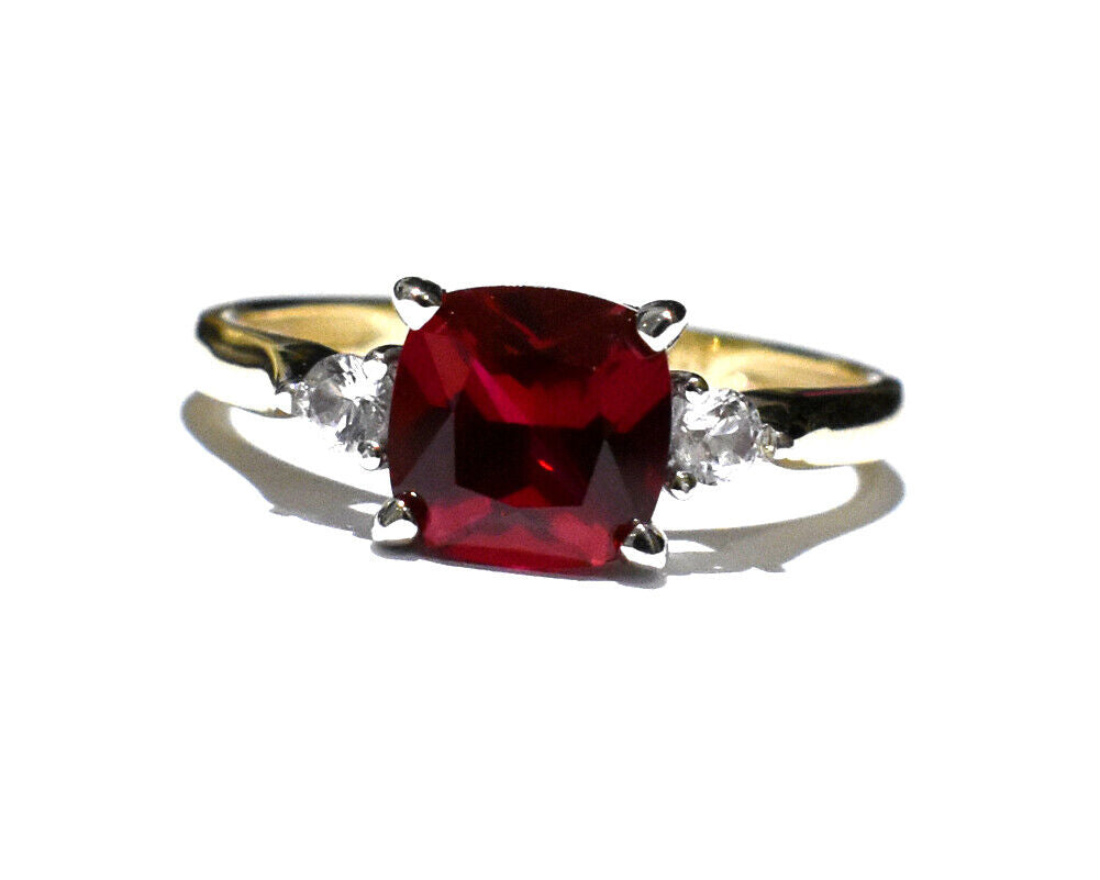 Yellow Gold Ruby Solitaire Ring Cushion White Sapphire Engagement Hallmarked