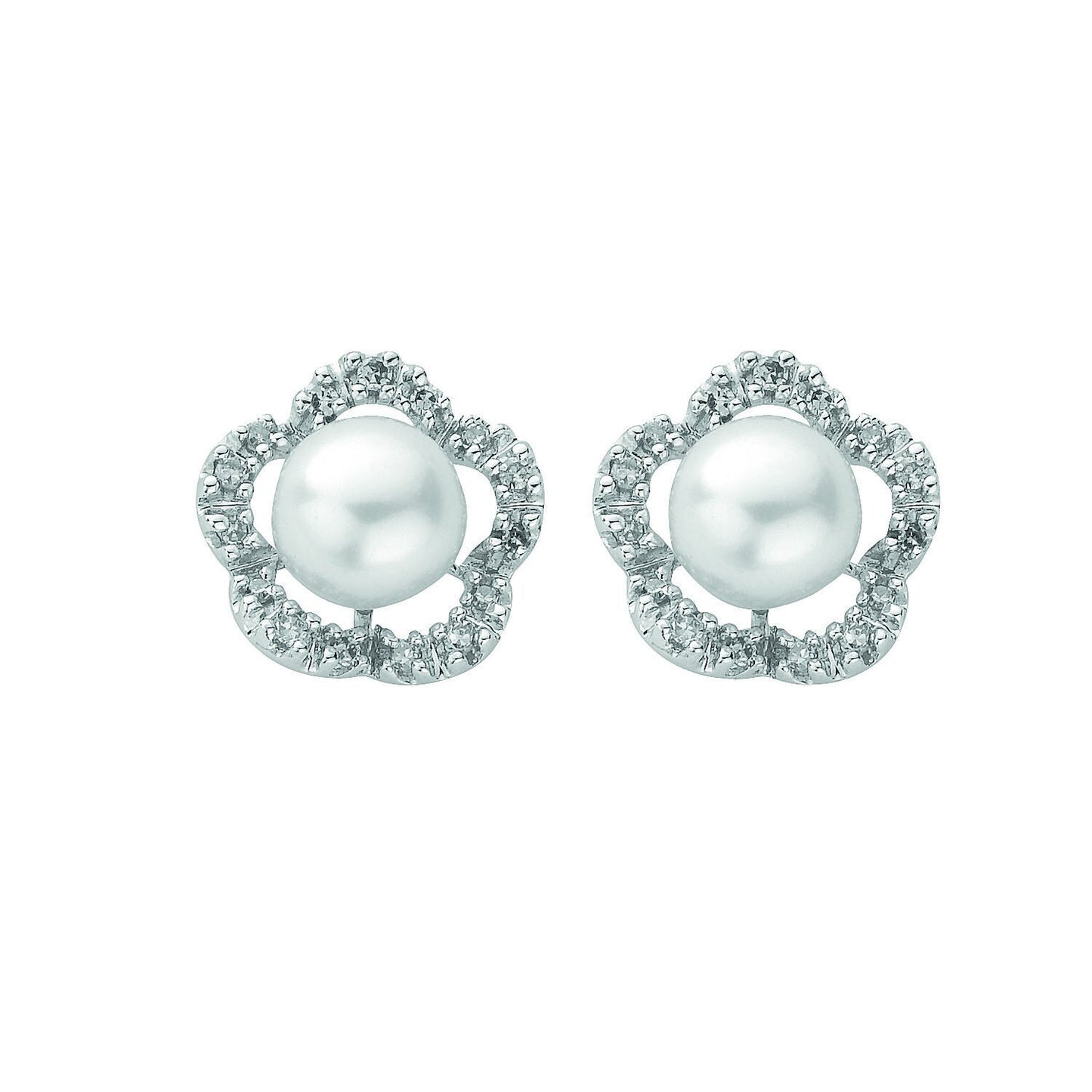 Freshwater Pearl and Diamond Flower Earrings 9ct White Gold 11mm Diameter
