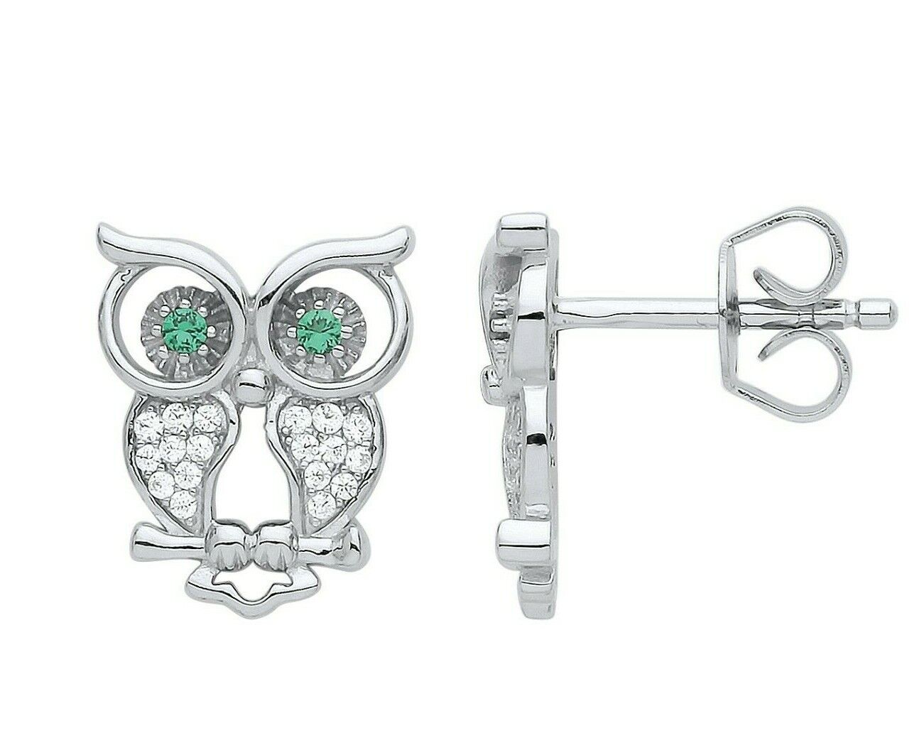Emerald Owl Stud Earrings Sterling Silver Rhodium Plated 925 Hallmark