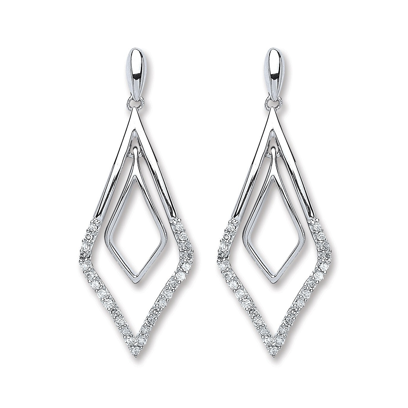 9ct White Gold Drop 0.15ct Diamond Earrings 28mm Length Hallmarked