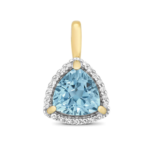 Blue Topaz and Diamond Trillion Pendant 9ct Yellow Gold Halo Cluster Necklace
