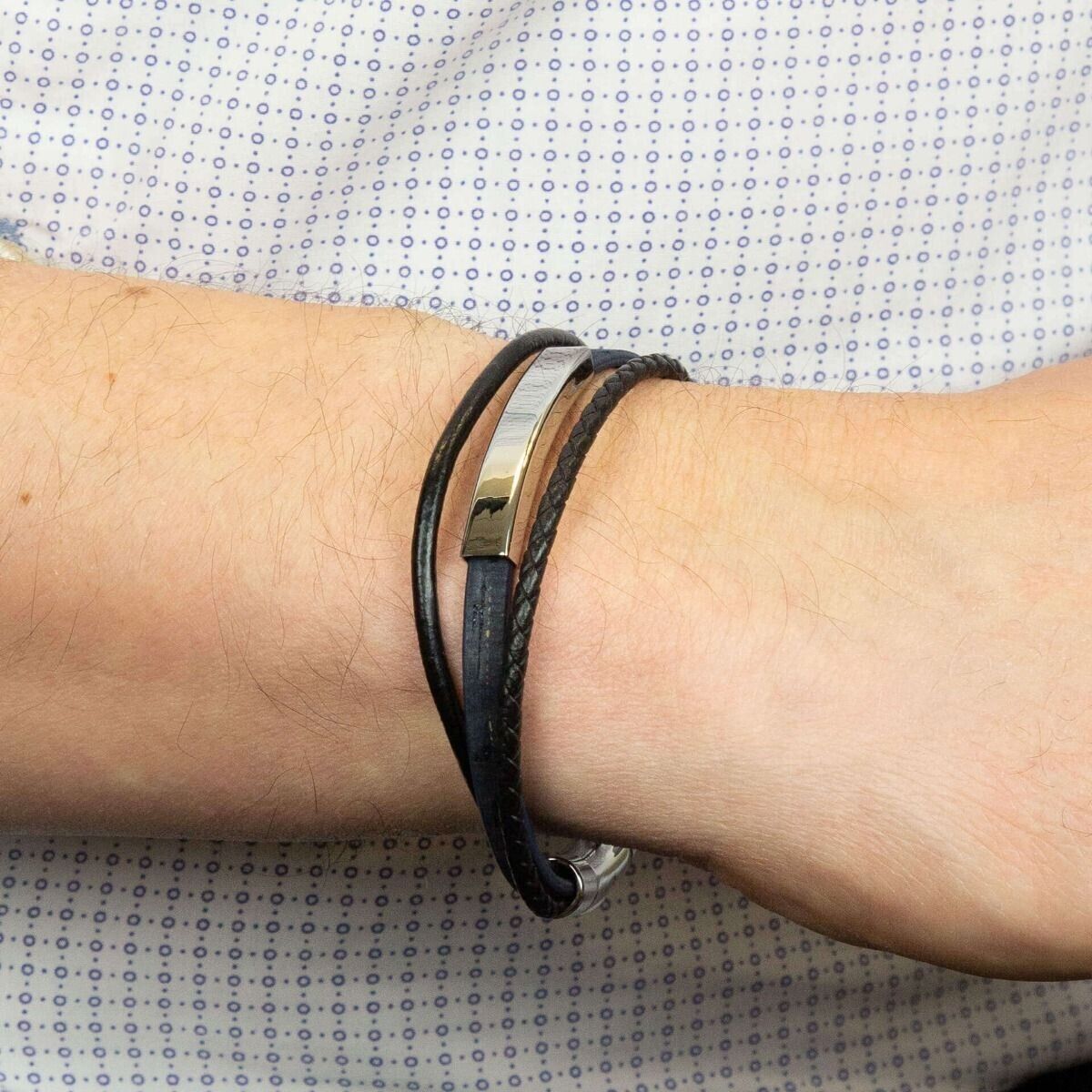Fred Bennett Blue Multi Cork and Leather Bracelet ID Bar 22.5cm Free Engraving