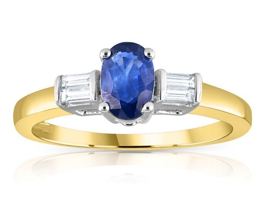 9ct Yellow Gold Baguette Cut 0.11ct Diamond & 0.60ct Blue Sapphire Ring