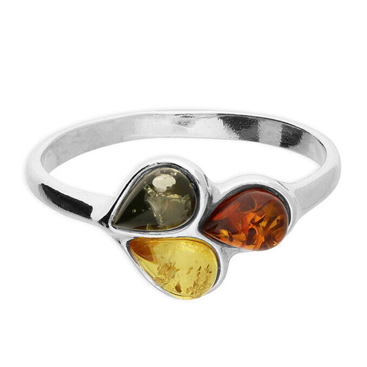 Mixed Amber Three Teardrop Ring Solid Sterling Silver 925
