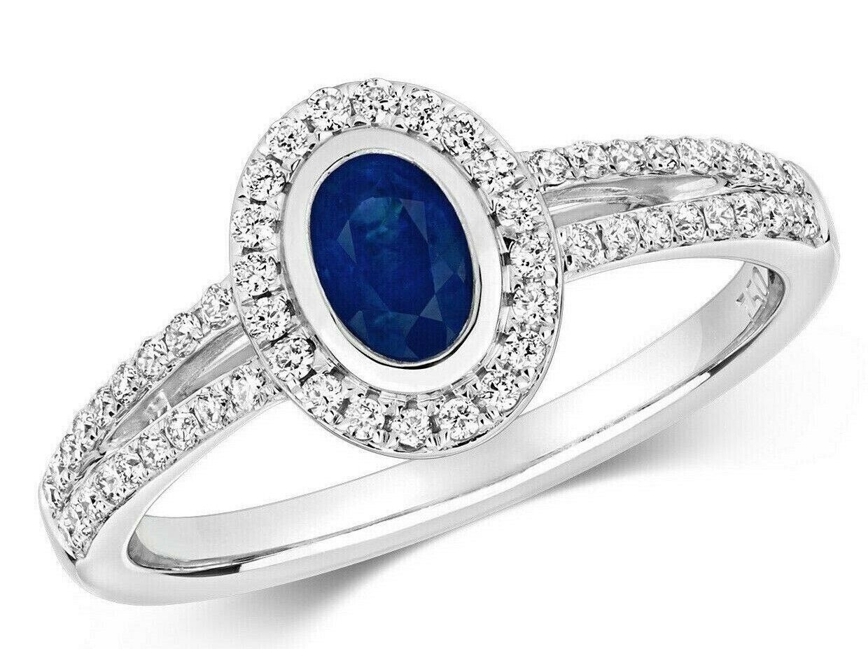 Real Sapphire and Diamond Ring 18ct White Oval Halo Cluster Split Shank