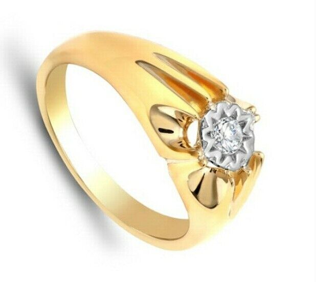 Men's Real Diamond Solitaire 9ct Yellow Gold Gypsy Setting Single Stone Hallmark