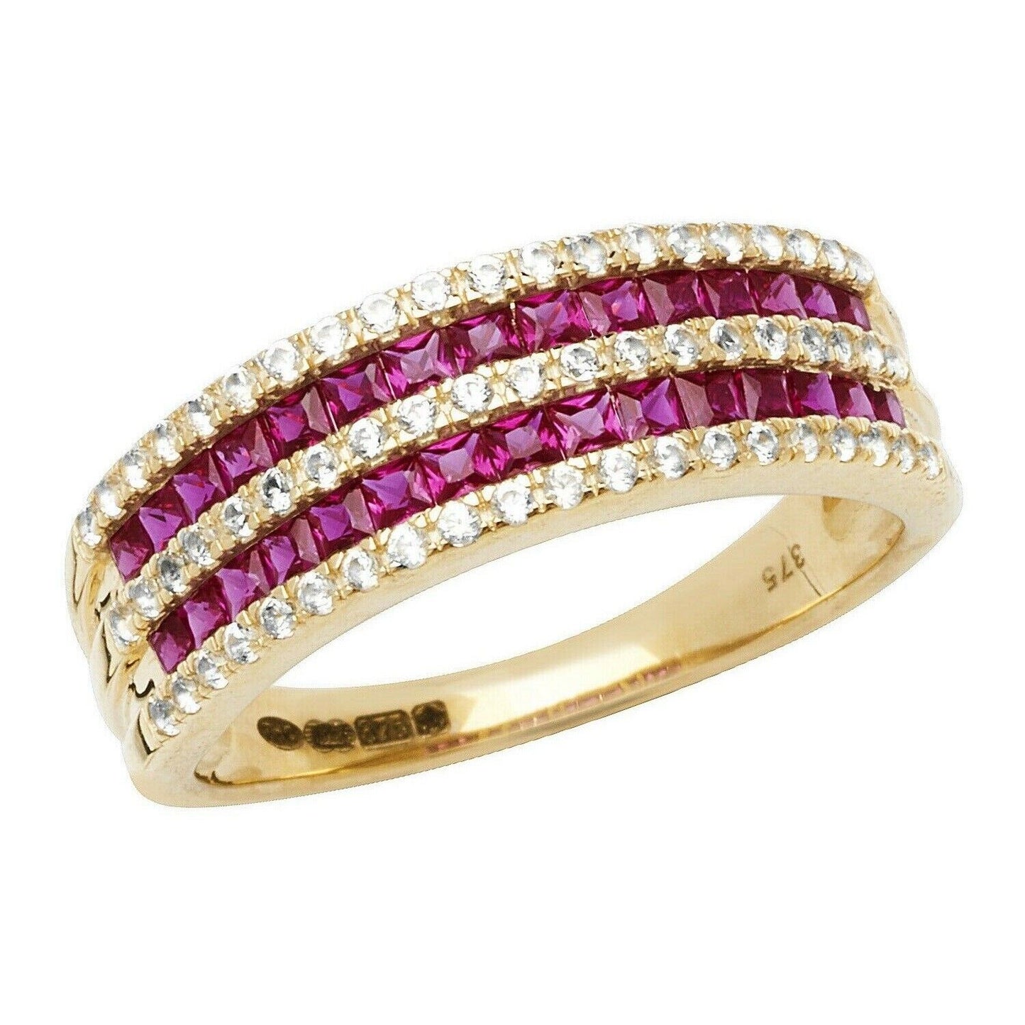 Yellow Gold Ruby Eternity Ring White Sapphire Band Hallmarked British Size M - R