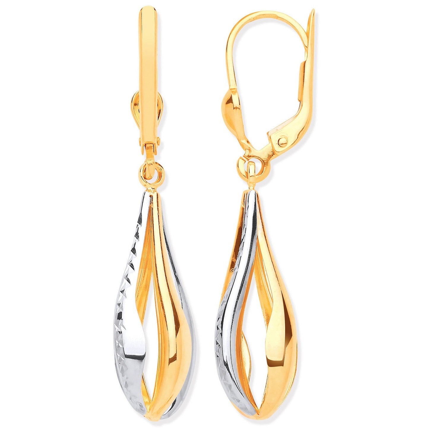Double Open Teardrop Earrings 9ct Yellow and White Gold 40mm Drops Hallmarked